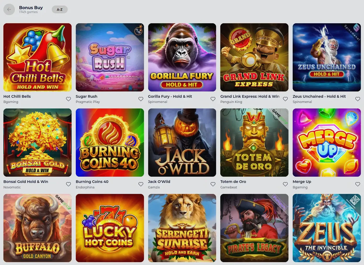 Spinanga instant play casino interface showing game lobby with slots and live dealer categories