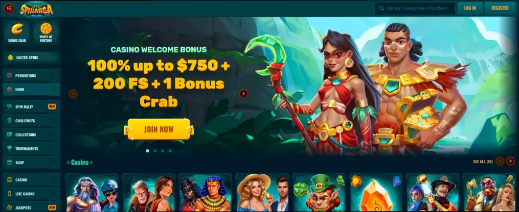 Spinanga Casino 100% up to 750 CAD + 200 Free Spins + 1 Bonus Crab